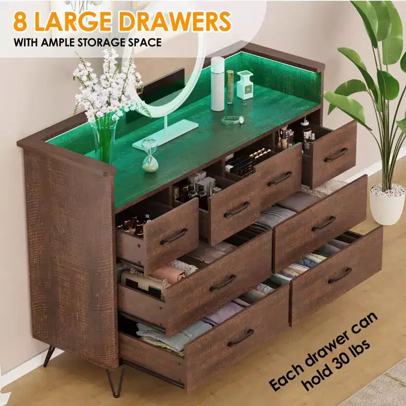 8-Drawer Dresser with Charging Station & RGB Lights | Wide Bedroom Dresser Chest with 3 Outlets + 2 USB Ports, App-Controlled LED Lighting for Gaming