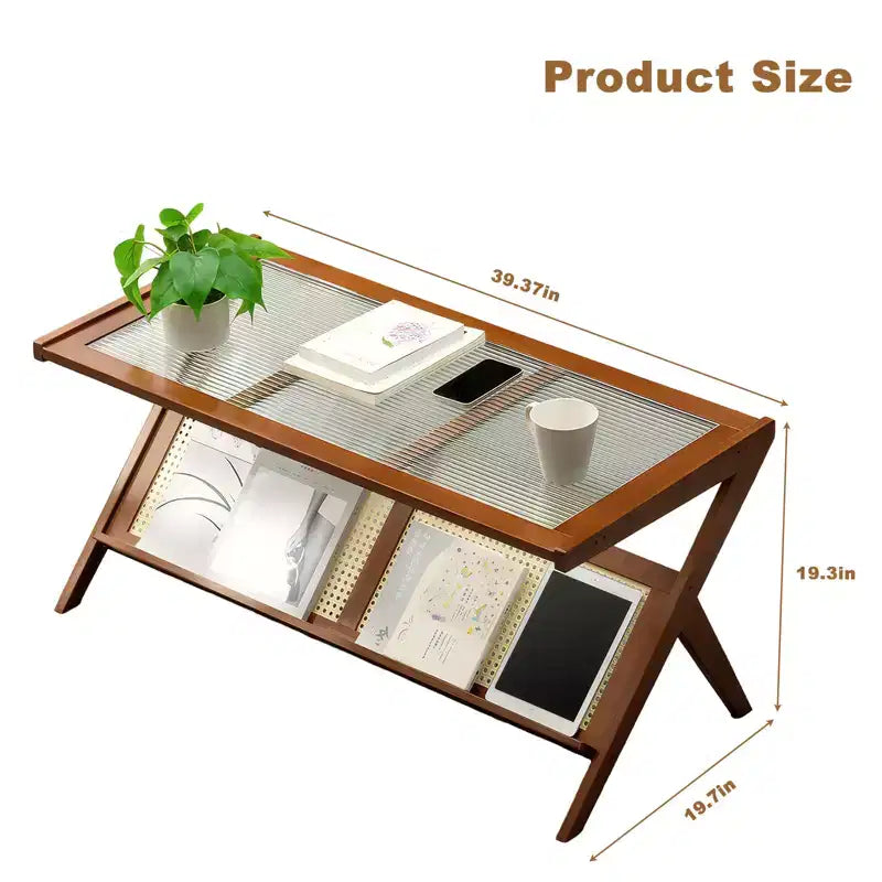 GDFStudio Gnar Mid-Century Modern 39.4 Wood Coffee Tables with Glass Top and Rattan Shelf