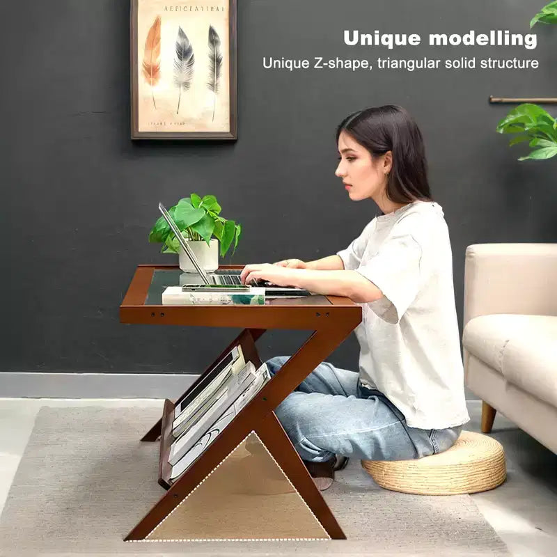 GDFStudio Gnar Mid-Century Modern 39.4 Wood Coffee Tables with Glass Top and Rattan Shelf