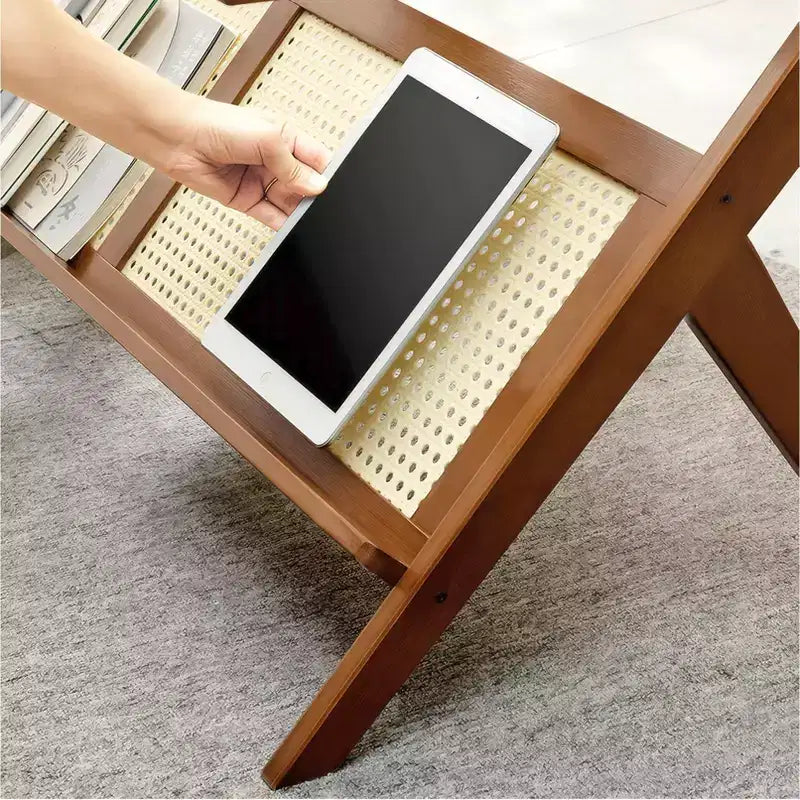 GDFStudio Gnar Mid-Century Modern 39.4 Wood Coffee Tables with Glass Top and Rattan Shelf