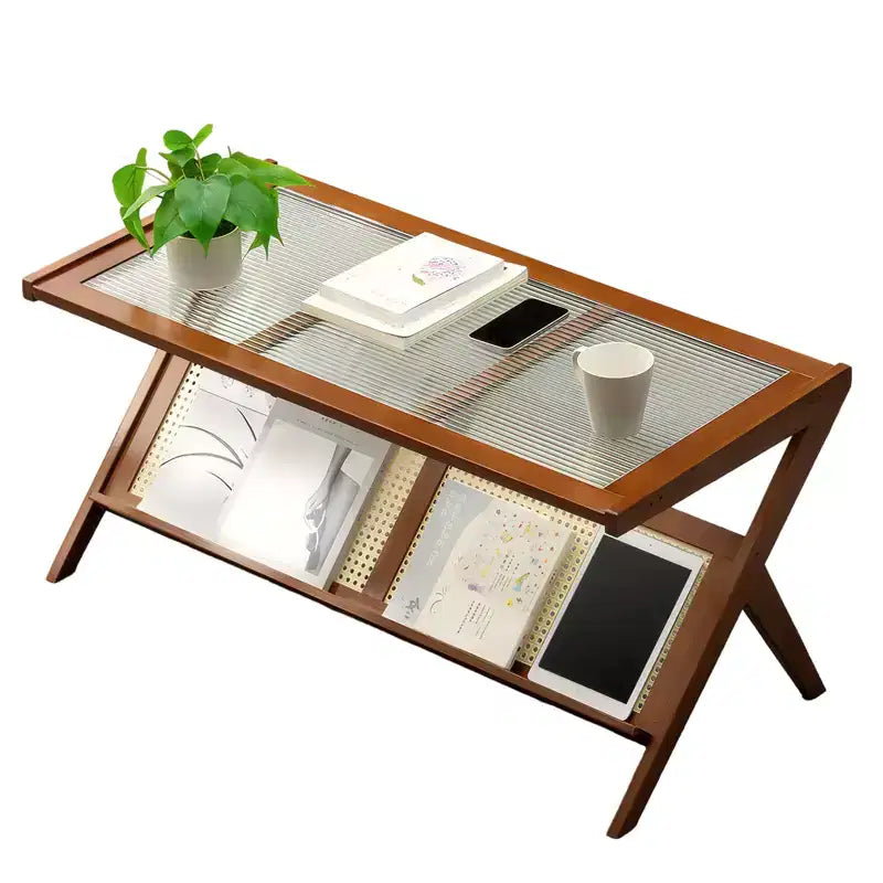 GDFStudio Gnar Mid-Century Modern 39.4 Wood Coffee Tables with Glass Top and Rattan Shelf