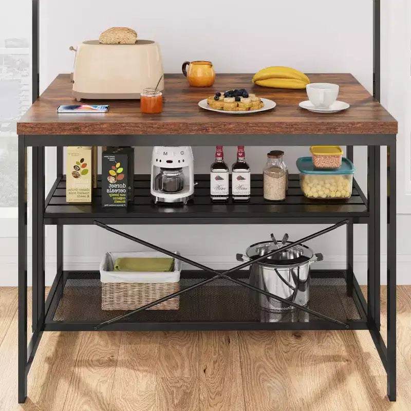 Kitchen Island, 3-Tier Kitchen Island Table, Farmhouse Microwave Stand with Storage, Metal Frame Bakers Rack for Dining Room