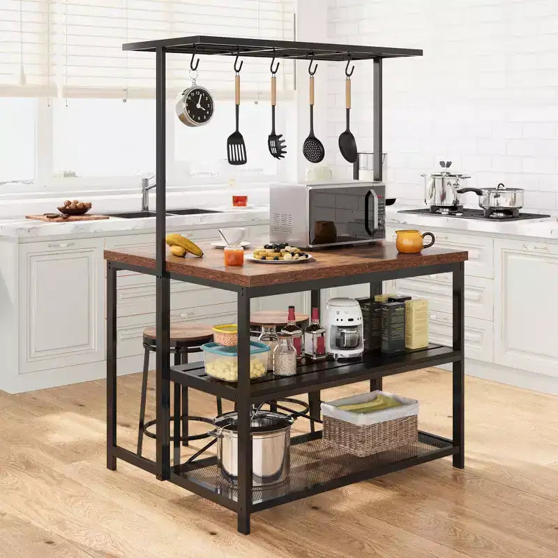 Kitchen Island, 3-Tier Kitchen Island Table, Farmhouse Microwave Stand with Storage, Metal Frame Bakers Rack for Dining Room