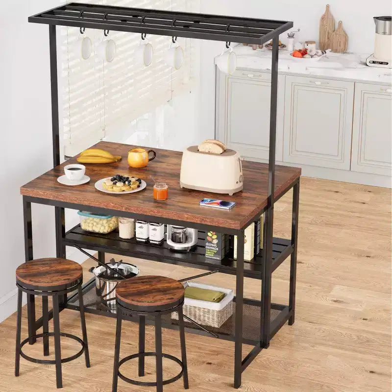 Kitchen Island, 3-Tier Kitchen Island Table, Farmhouse Microwave Stand with Storage, Metal Frame Bakers Rack for Dining Room