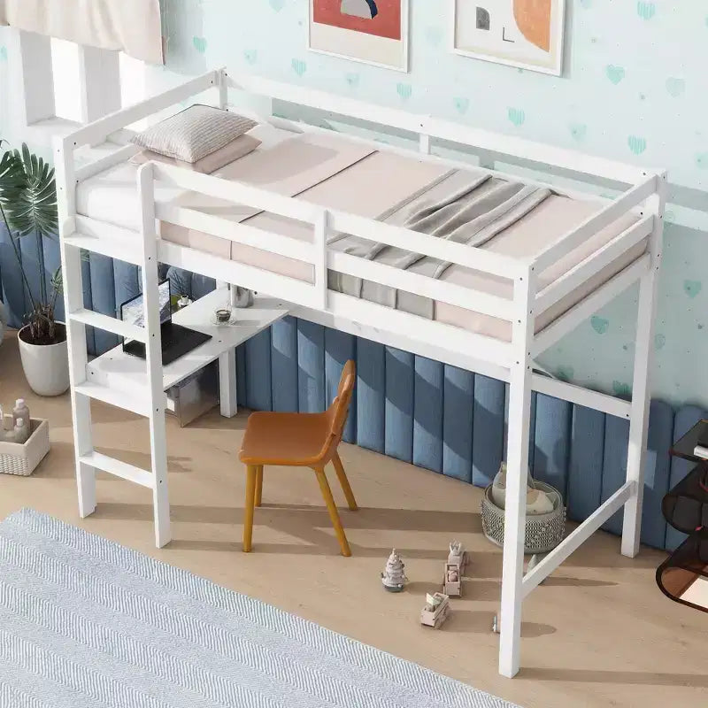MAYEERTY Twin High Loft Bed, Rubber Wood Loft Bed with Safety Guardrail, Bulit-in Desk White