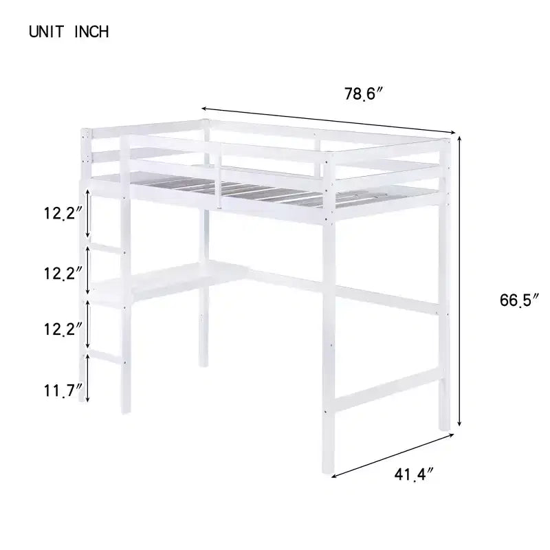 MAYEERTY Twin High Loft Bed, Rubber Wood Loft Bed with Safety Guardrail, Bulit-in Desk White
