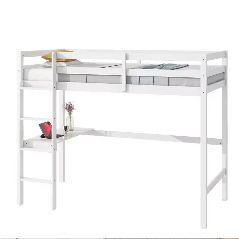 MAYEERTY Twin High Loft Bed, Rubber Wood Loft Bed with Safety Guardrail, Bulit-in Desk White