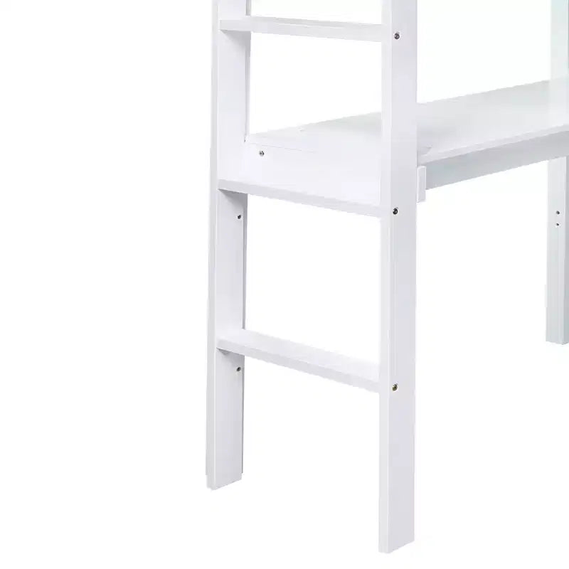 MAYEERTY Twin High Loft Bed, Rubber Wood Loft Bed with Safety Guardrail, Bulit-in Desk White