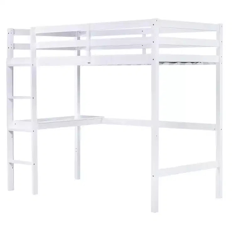 MAYEERTY Twin High Loft Bed, Rubber Wood Loft Bed with Safety Guardrail, Bulit-in Desk White