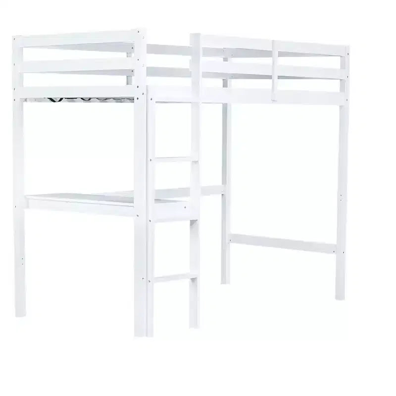 MAYEERTY Twin High Loft Bed, Rubber Wood Loft Bed with Safety Guardrail, Bulit-in Desk White