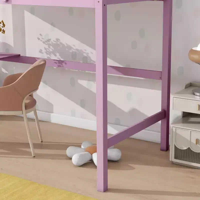 MAYEERTY Twin High Loft Bed with Safety Guardrail, Bulit-in Desk, Ladder Pink