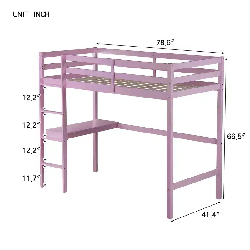MAYEERTY Twin High Loft Bed with Safety Guardrail, Bulit-in Desk, Ladder Pink