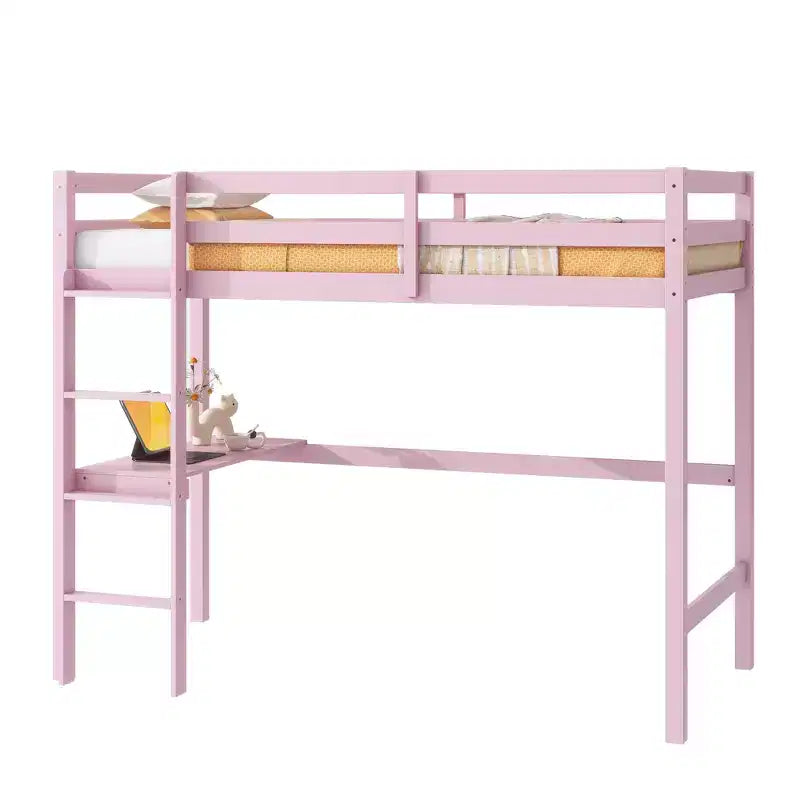 MAYEERTY Twin High Loft Bed with Safety Guardrail, Bulit-in Desk, Ladder Pink