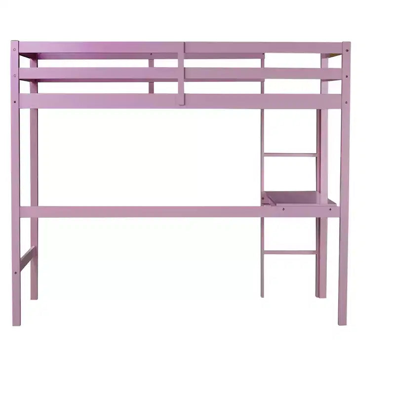 MAYEERTY Twin High Loft Bed with Safety Guardrail, Bulit-in Desk, Ladder Pink