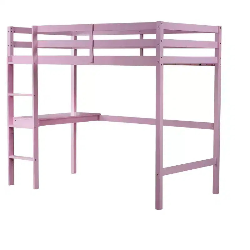 MAYEERTY Twin High Loft Bed with Safety Guardrail, Bulit-in Desk, Ladder Pink