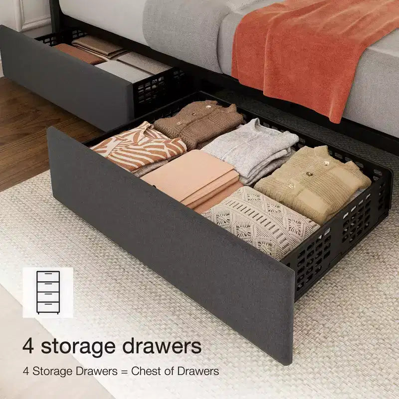 Linen Quilted Upholstered Platform Bed with Adjustable Headboard & 4 Storage Drawers, Sturdy Wooden Slats Support & No Box Spring Needed