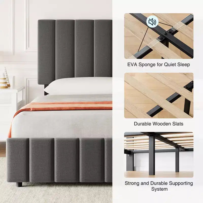 Linen Quilted Upholstered Platform Bed with Adjustable Headboard & 4 Storage Drawers, Sturdy Wooden Slats Support & No Box Spring Needed