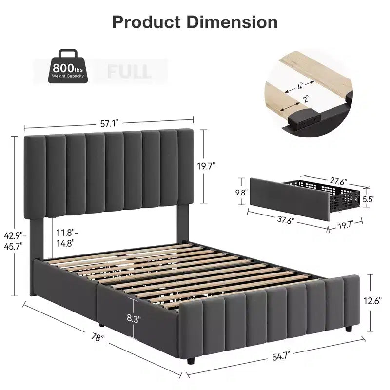 Linen Quilted Upholstered Platform Bed with Adjustable Headboard & 4 Storage Drawers, Sturdy Wooden Slats Support & No Box Spring Needed