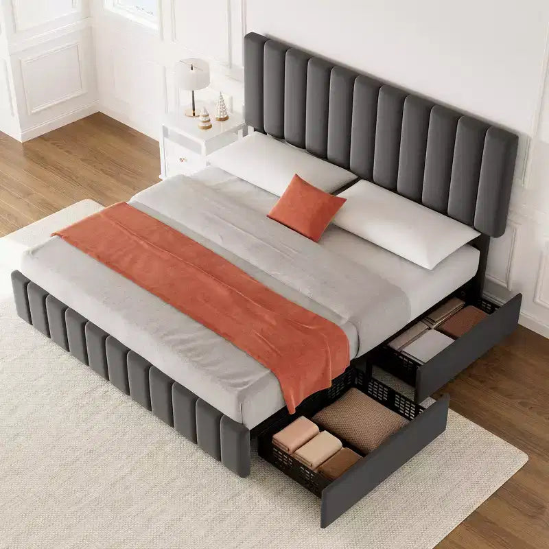 Linen Quilted Upholstered Platform Bed with Adjustable Headboard & 4 Storage Drawers, Sturdy Wooden Slats Support & No Box Spring Needed