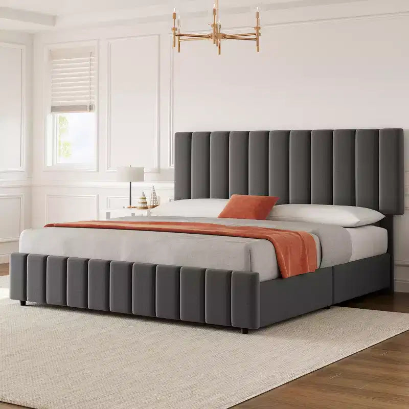 Linen Quilted Upholstered Platform Bed with Adjustable Headboard & 4 Storage Drawers, Sturdy Wooden Slats Support & No Box Spring Needed