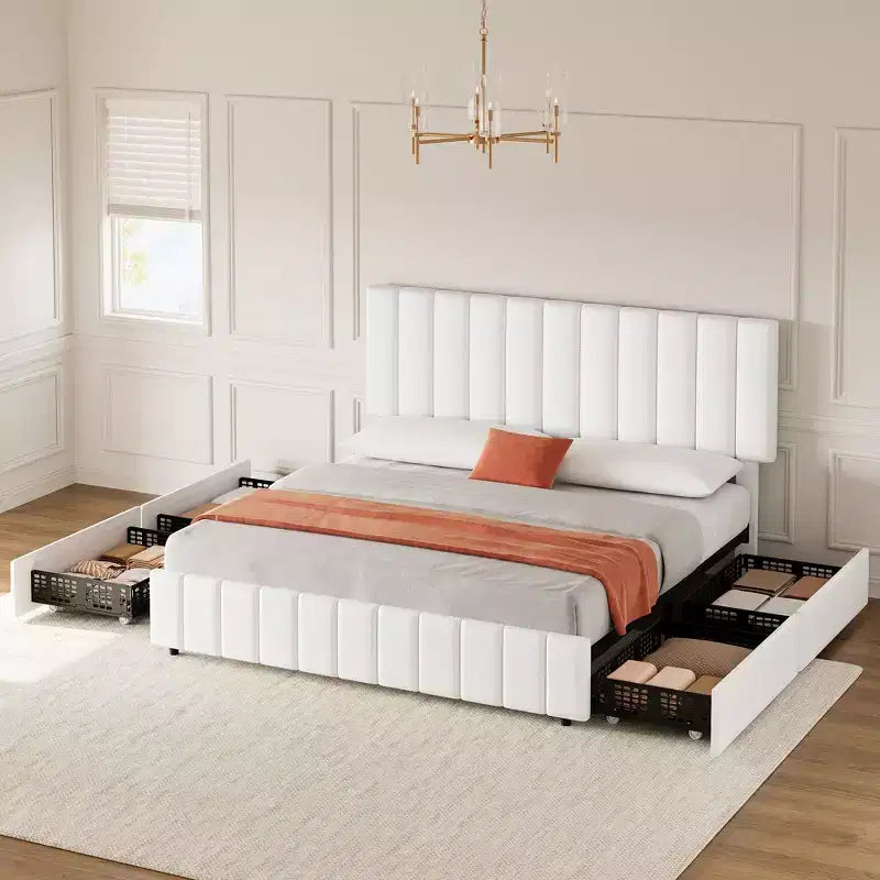 Linen Quilted Upholstered Platform Bed with Adjustable Headboard & 4 Storage Drawers, Sturdy Wooden Slats Support & No Box Spring Needed