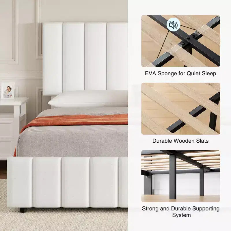 Linen Quilted Upholstered Platform Bed with Adjustable Headboard & 4 Storage Drawers, Sturdy Wooden Slats Support & No Box Spring Needed