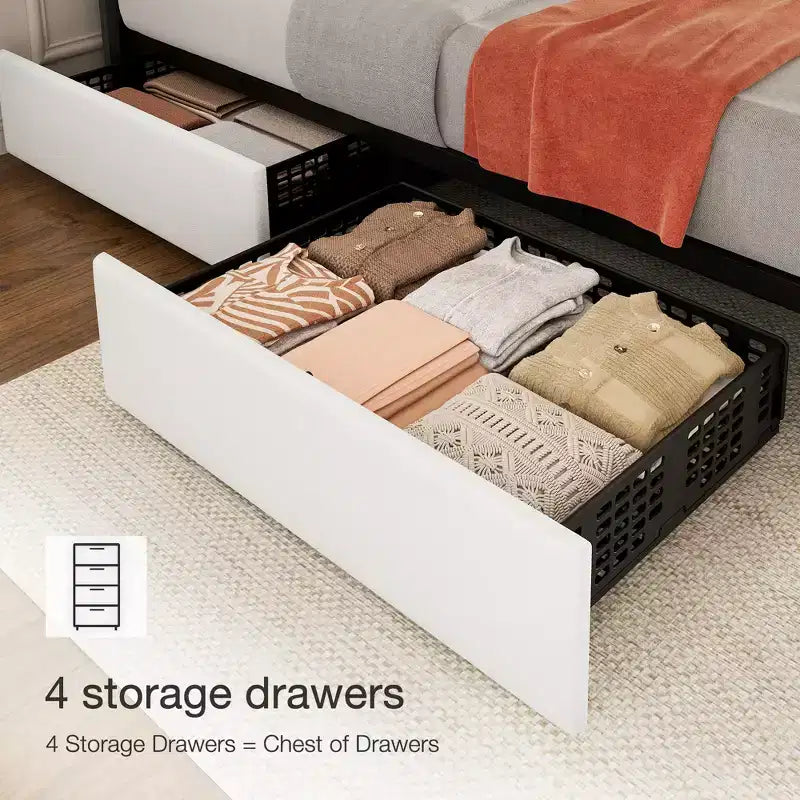 Linen Quilted Upholstered Platform Bed with Adjustable Headboard & 4 Storage Drawers, Sturdy Wooden Slats Support & No Box Spring Needed