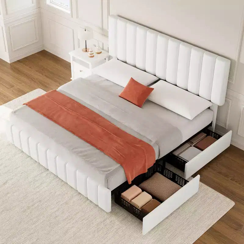 Linen Quilted Upholstered Platform Bed with Adjustable Headboard & 4 Storage Drawers, Sturdy Wooden Slats Support & No Box Spring Needed