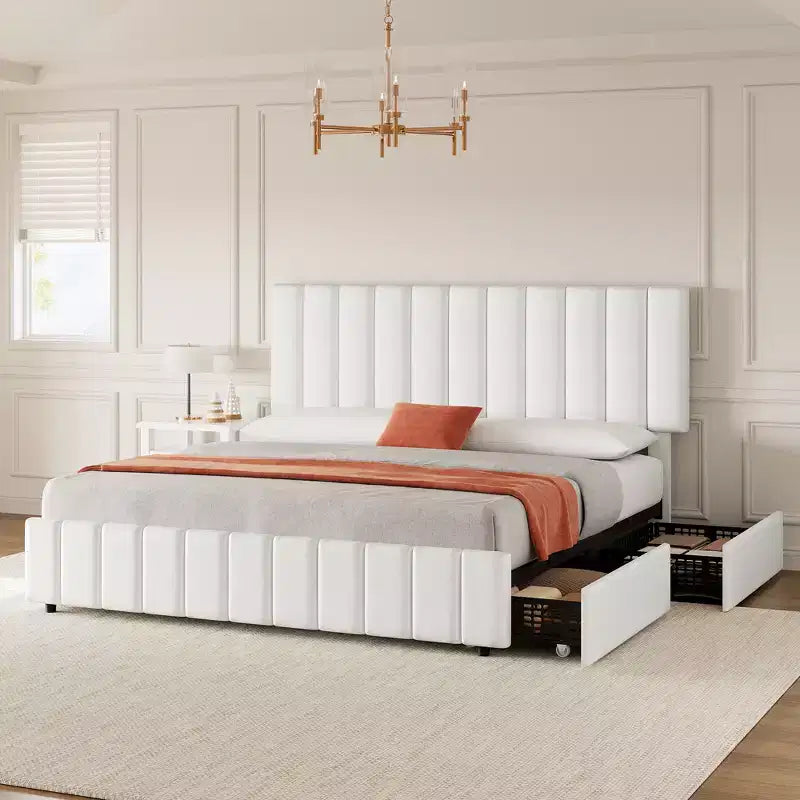 Linen Quilted Upholstered Platform Bed with Adjustable Headboard & 4 Storage Drawers, Sturdy Wooden Slats Support & No Box Spring Needed