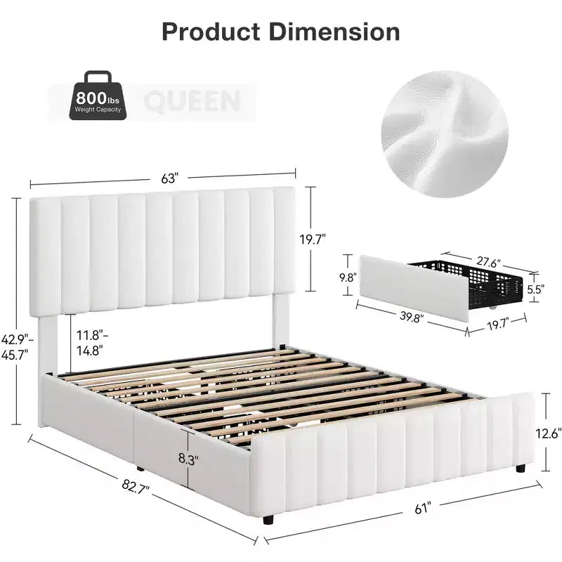 Linen Quilted Upholstered Platform Bed with Adjustable Headboard & 4 Storage Drawers, Sturdy Wooden Slats Support & No Box Spring Needed