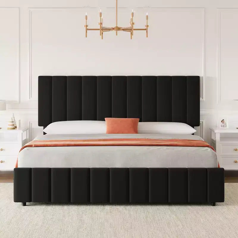 Linen Quilted Upholstered Platform Bed with Adjustable Headboard & 4 Storage Drawers, Sturdy Wooden Slats Support & No Box Spring Needed