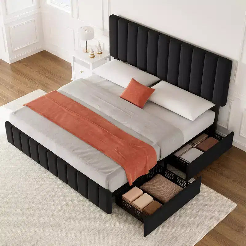 Linen Quilted Upholstered Platform Bed with Adjustable Headboard & 4 Storage Drawers, Sturdy Wooden Slats Support & No Box Spring Needed