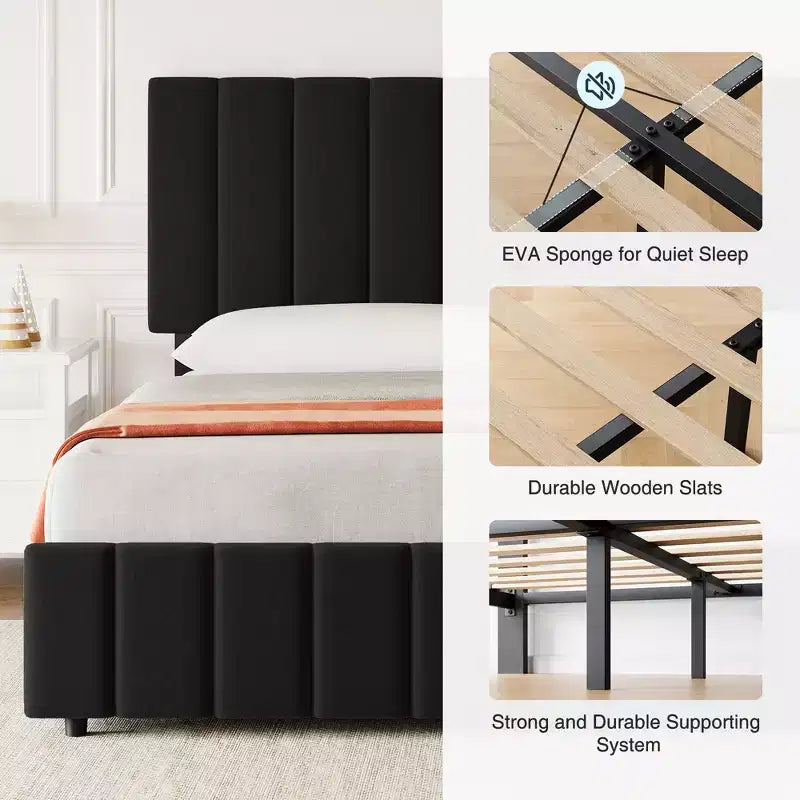 Linen Quilted Upholstered Platform Bed with Adjustable Headboard & 4 Storage Drawers, Sturdy Wooden Slats Support & No Box Spring Needed