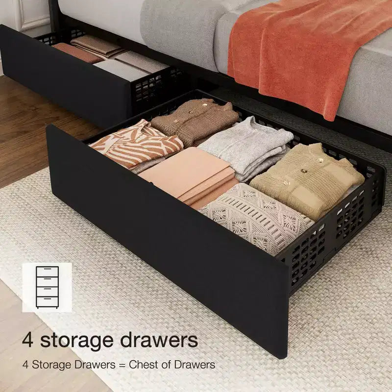 Linen Quilted Upholstered Platform Bed with Adjustable Headboard & 4 Storage Drawers, Sturdy Wooden Slats Support & No Box Spring Needed