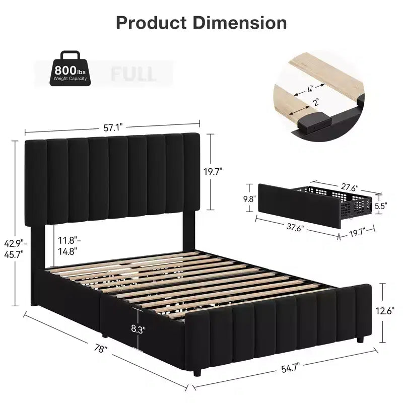 Linen Quilted Upholstered Platform Bed with Adjustable Headboard & 4 Storage Drawers, Sturdy Wooden Slats Support & No Box Spring Needed