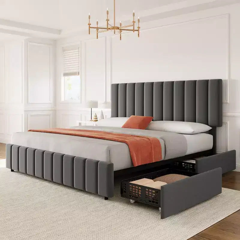 Linen Quilted Upholstered Platform Bed with Adjustable Headboard & 4 Storage Drawers, Sturdy Wooden Slats Support & No Box Spring Needed