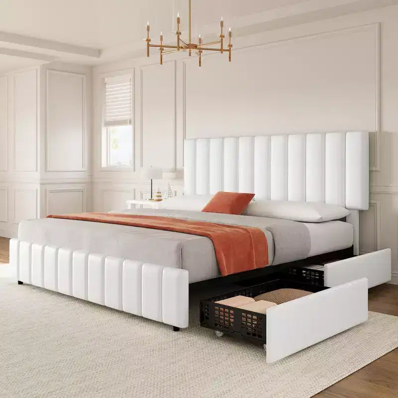 Linen Quilted Upholstered Platform Bed with Adjustable Headboard & 4 Storage Drawers, Sturdy Wooden Slats Support & No Box Spring Needed