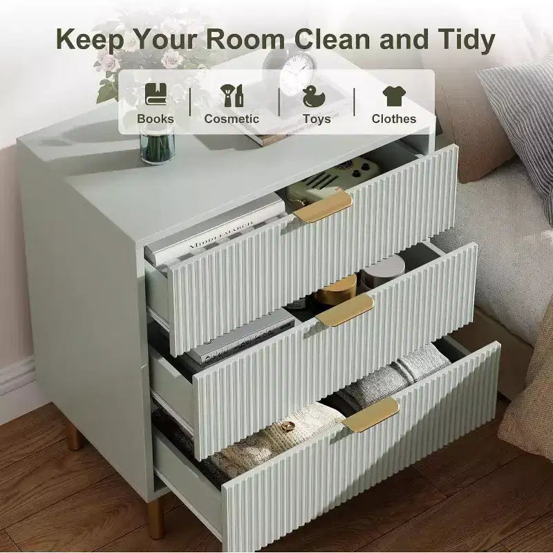 Acekool Fluted Wood 3 Drawer Dresser, 28 Wide Modern Chest, Bedroom Storage Organizer with Gold Handle for Living Room Entryway Hallway