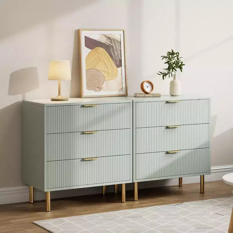 Acekool Fluted Wood 3 Drawer Dresser, 28 Wide Modern Chest, Bedroom Storage Organizer with Gold Handle for Living Room Entryway Hallway