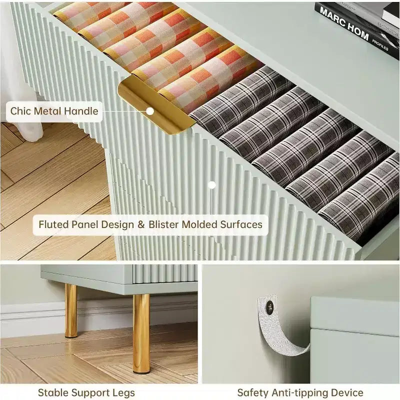 Acekool Fluted Wood 3 Drawer Dresser, 28 Wide Modern Chest, Bedroom Storage Organizer with Gold Handle for Living Room Entryway Hallway