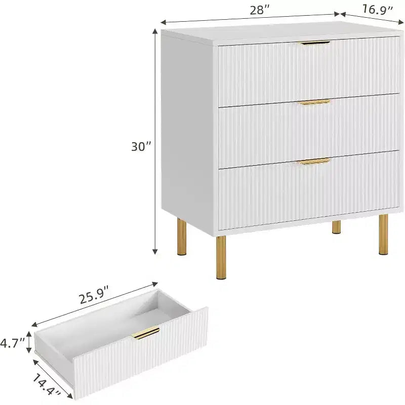 Acekool Fluted Wood 3 Drawer Dresser, 28 Wide Modern Chest, Bedroom Storage Organizer with Gold Handle for Living Room Entryway Hallway