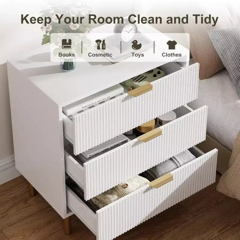 Acekool Fluted Wood 3 Drawer Dresser, 28 Wide Modern Chest, Bedroom Storage Organizer with Gold Handle for Living Room Entryway Hallway