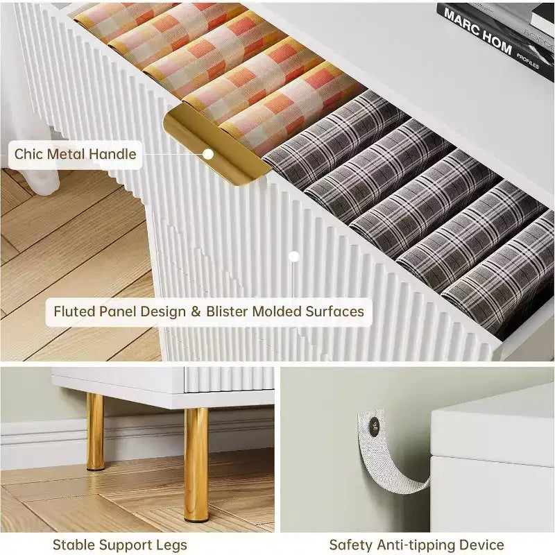 Acekool Fluted Wood 3 Drawer Dresser, 28 Wide Modern Chest, Bedroom Storage Organizer with Gold Handle for Living Room Entryway Hallway