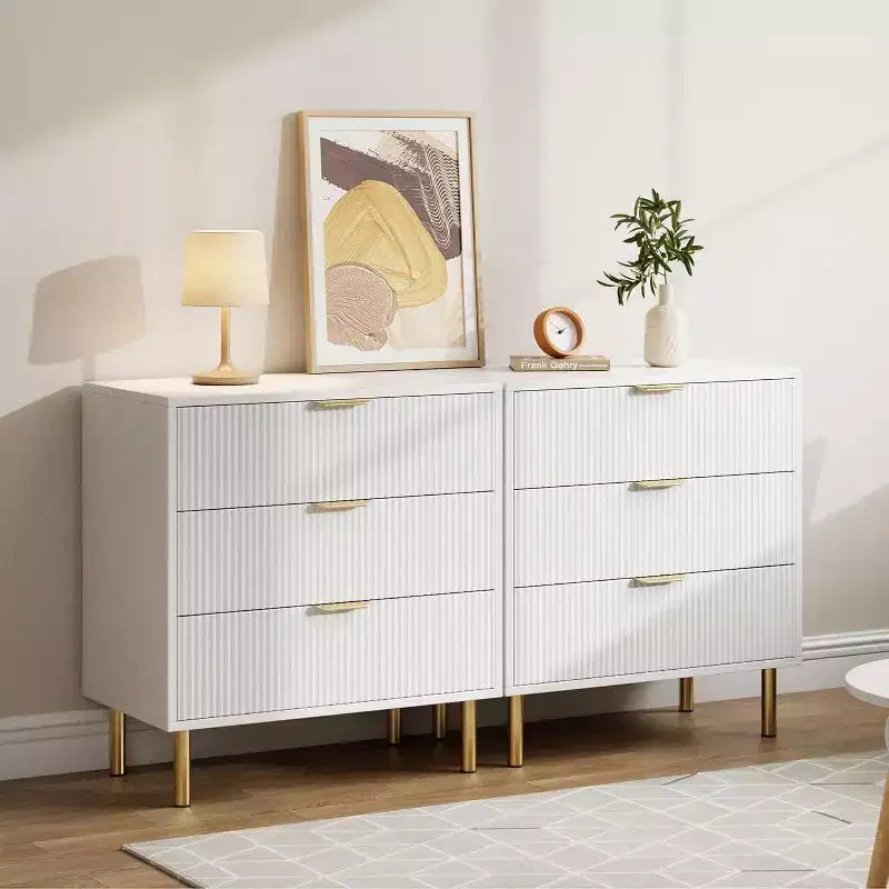 Acekool Fluted Wood 3 Drawer Dresser, 28 Wide Modern Chest, Bedroom Storage Organizer with Gold Handle for Living Room Entryway Hallway