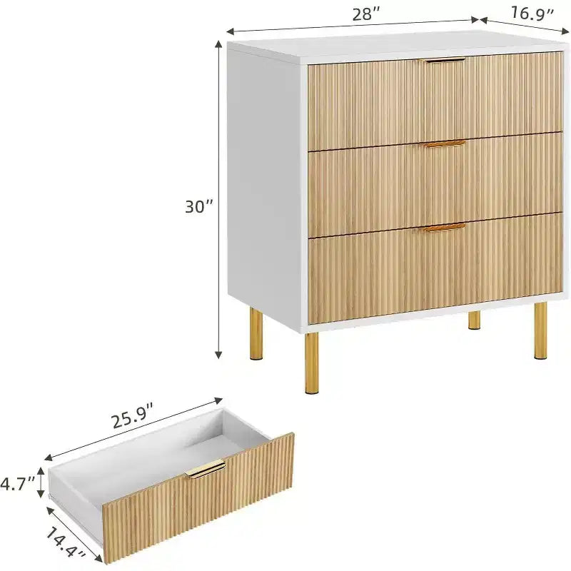 Acekool Fluted Wood 3 Drawer Dresser, 28 Wide Modern Chest, Bedroom Storage Organizer with Gold Handle for Living Room Entryway Hallway