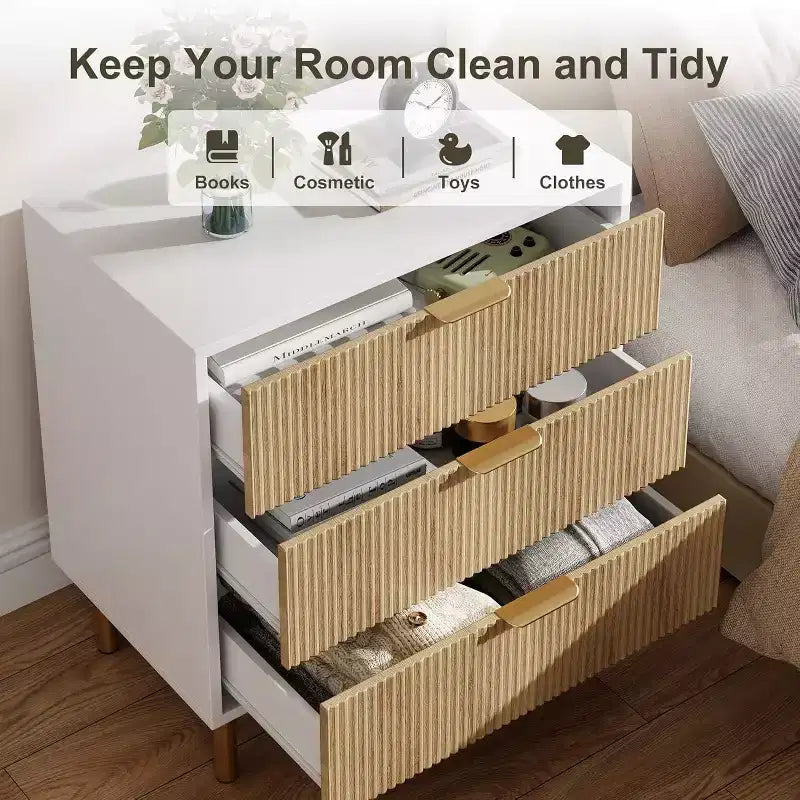 Acekool Fluted Wood 3 Drawer Dresser, 28 Wide Modern Chest, Bedroom Storage Organizer with Gold Handle for Living Room Entryway Hallway