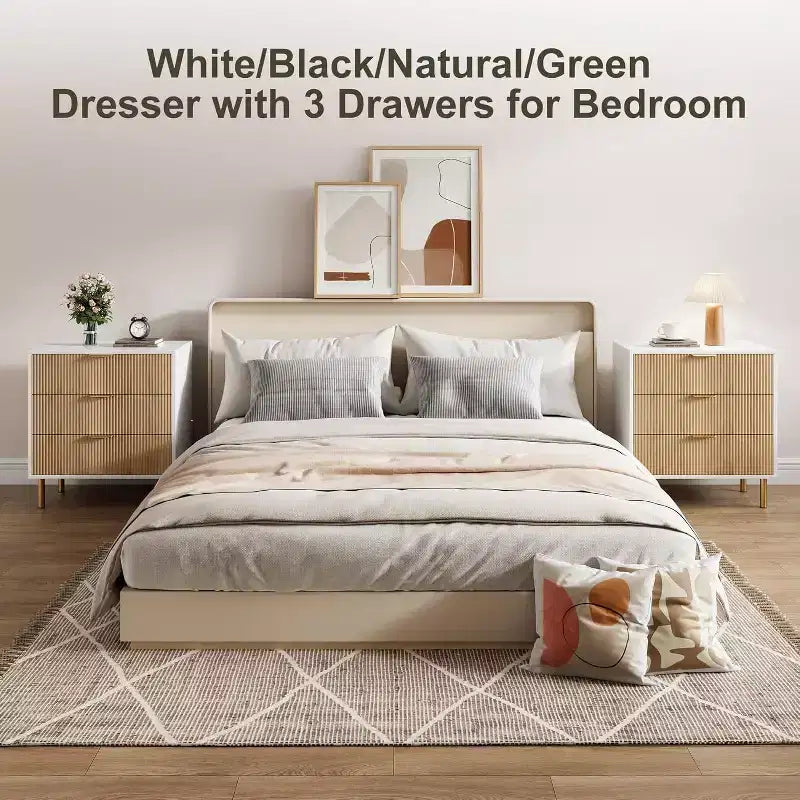 Acekool Fluted Wood 3 Drawer Dresser, 28 Wide Modern Chest, Bedroom Storage Organizer with Gold Handle for Living Room Entryway Hallway