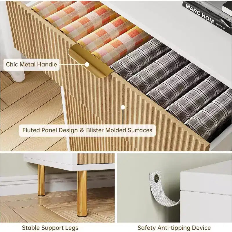 Acekool Fluted Wood 3 Drawer Dresser, 28 Wide Modern Chest, Bedroom Storage Organizer with Gold Handle for Living Room Entryway Hallway