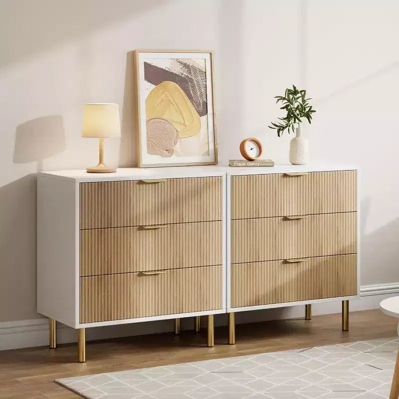 Acekool Fluted Wood 3 Drawer Dresser, 28 Wide Modern Chest, Bedroom Storage Organizer with Gold Handle for Living Room Entryway Hallway