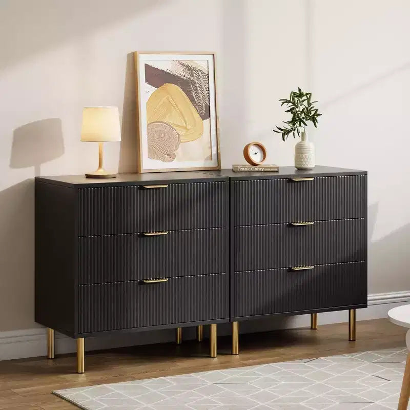 Acekool Fluted Wood 3 Drawer Dresser, 28 Wide Modern Chest, Bedroom Storage Organizer with Gold Handle for Living Room Entryway Hallway